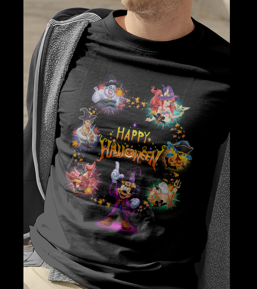 Happy Halloween Mickey Ariel Ursula Sebastian Pirate Captain Hook Disney Characters T-Shirt
