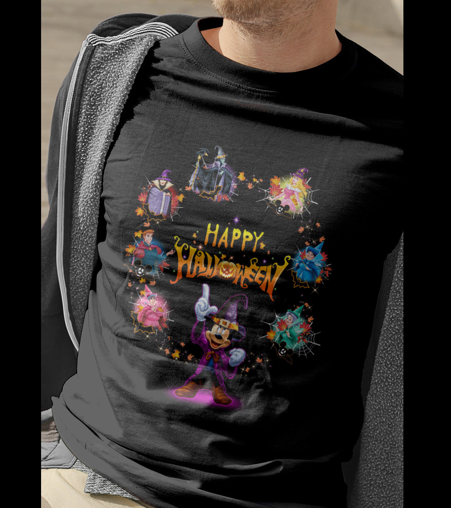 Happy Halloween Maleficent And Mickey Mouse In Wizard Outfit Magic Scene T-Shirt