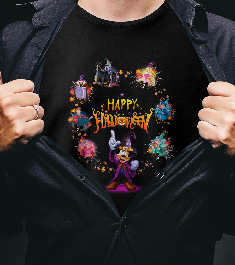 Happy Halloween Maleficent And Mickey Mouse In Wizard Outfit Magic Scene T-Shirt
