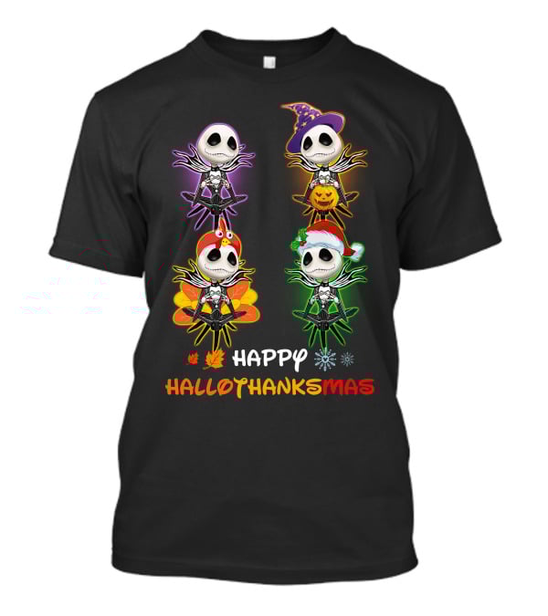 Happy Hallothankmas Jack Skellington Pumpkin Hat Turkey Leaf Snowflake T-Shirt