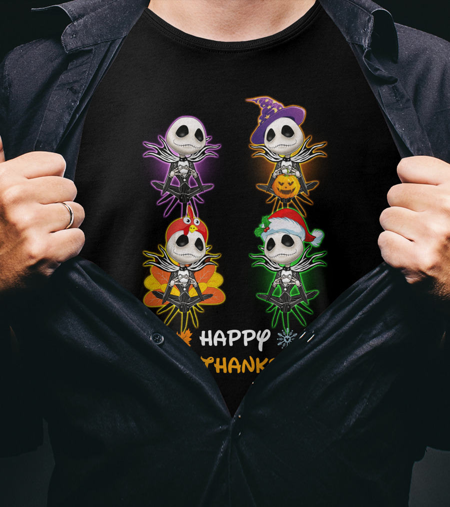 Happy Hallothankmas Jack Skellington Pumpkin Hat Turkey Leaf Snowflake T-Shirt