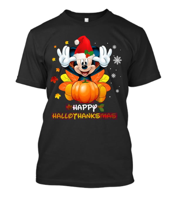 Happy Mickey Hallothankmas Pumpkin Snowflakes Leaves Santa Hat T-Shirt