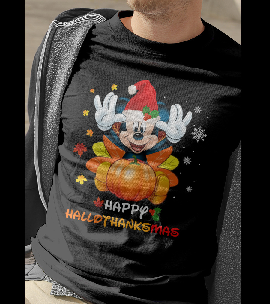 Happy Mickey Hallothankmas Pumpkin Snowflakes Leaves Santa Hat T-Shirt