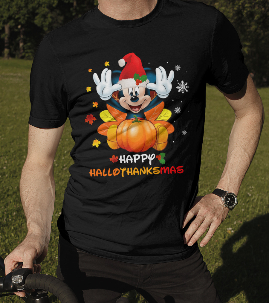 Happy Mickey Hallothankmas Pumpkin Snowflakes Leaves Santa Hat T-Shirt