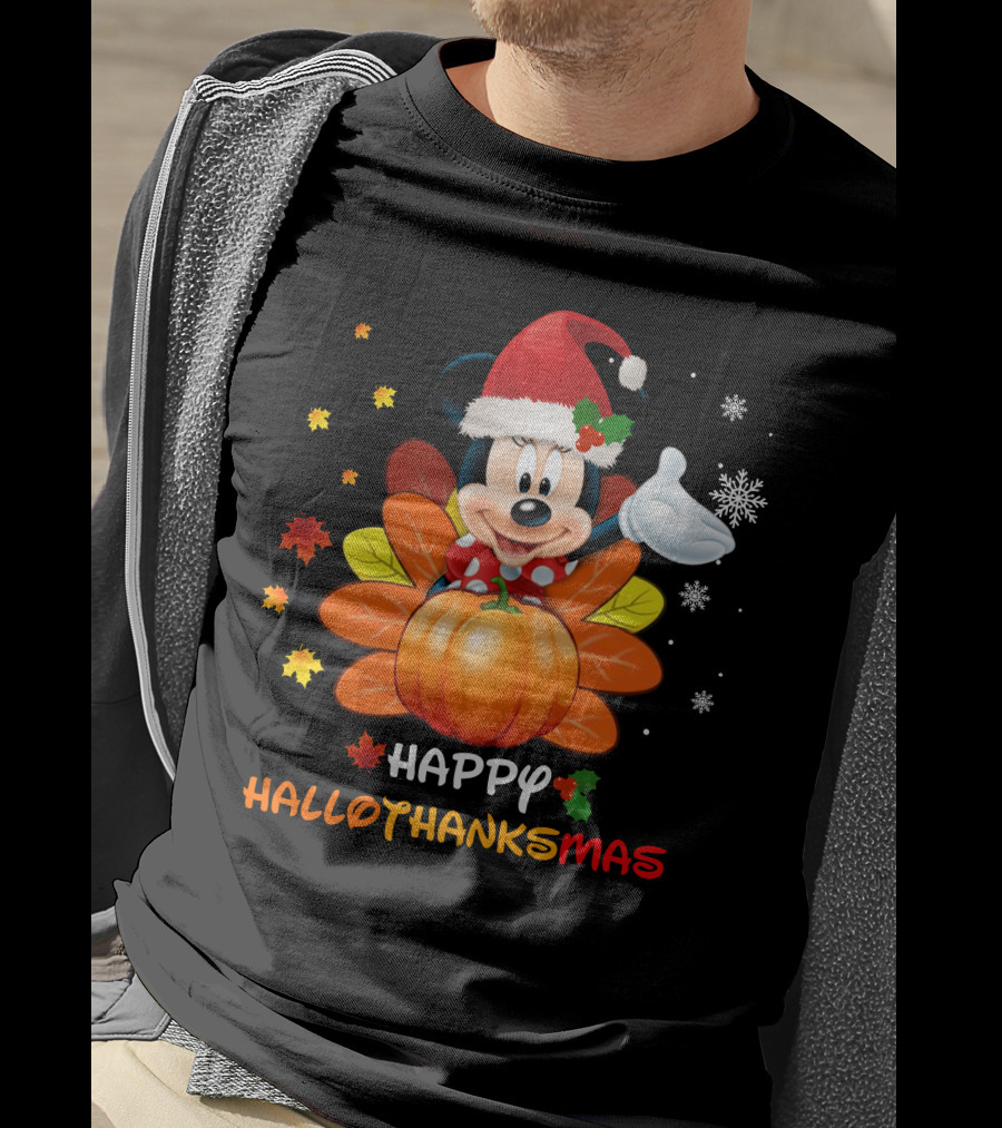 Happy Hallothankmas Minnie With Pumpkin And Santa Hat T-Shirt