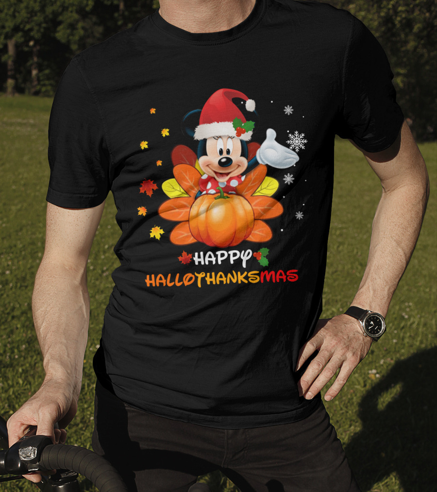 Happy Hallothankmas Minnie With Pumpkin And Santa Hat T-Shirt