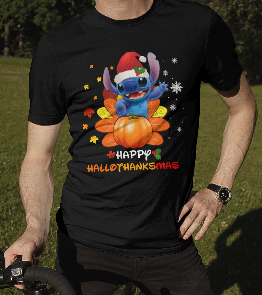 Happy Hallothankmas Stitch With Santa Hat Pumpkin Leaves Snowflakes T-Shirt