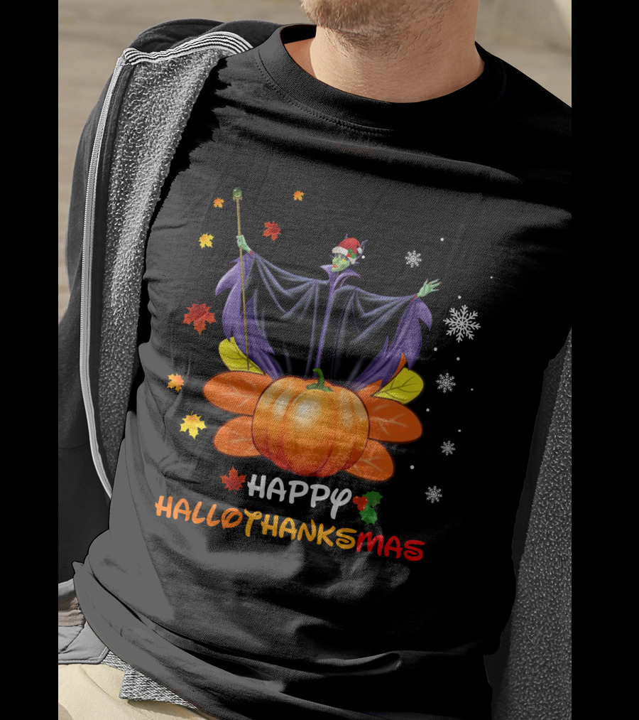 Happy Hallothankmas Maleficent Pumpkin Snowflakes Leaves Santa Hat T-Shirt