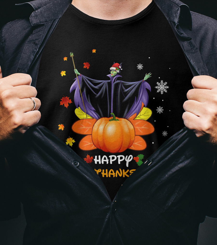 Happy Hallothankmas Maleficent Pumpkin Snowflakes Leaves Santa Hat T-Shirt