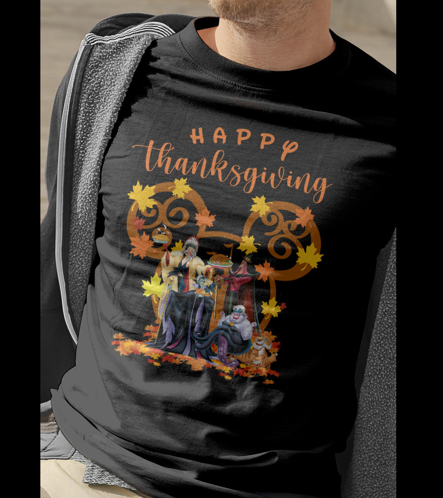 Happy Thanksgiving Disney Villains With Mickey Mouse Leaf Background T-Shirt
