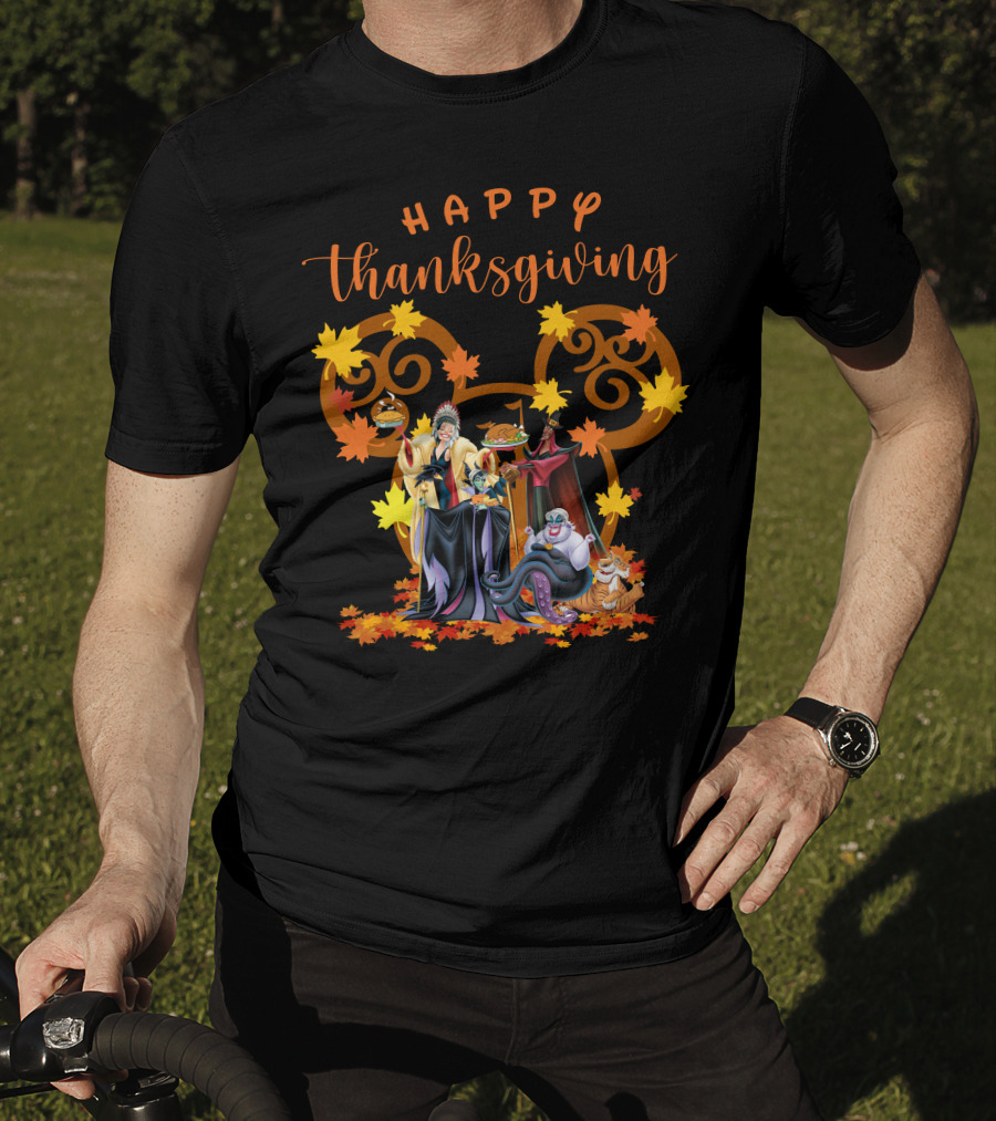 Happy Thanksgiving Disney Villains With Mickey Mouse Leaf Background T-Shirt