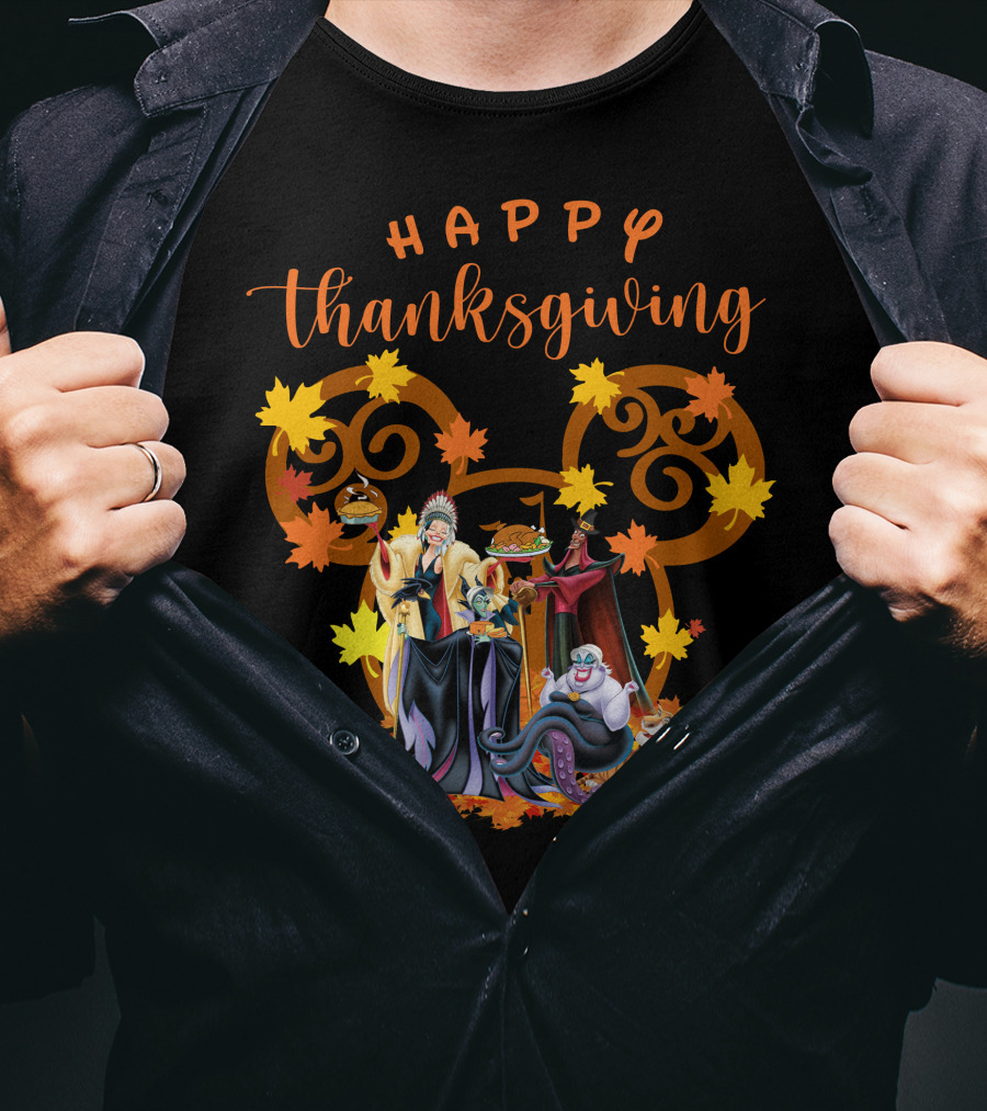 Happy Thanksgiving Disney Villains With Mickey Mouse Leaf Background T-Shirt