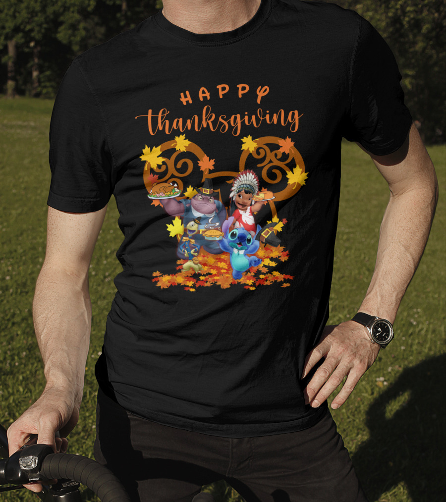 Lilo And Stitch Happy Thanksgiving With Characters And Autumn Leaves T-Shirt