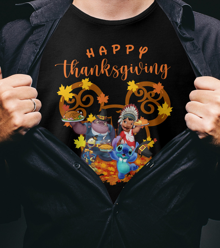 Lilo And Stitch Happy Thanksgiving With Characters And Autumn Leaves T-Shirt