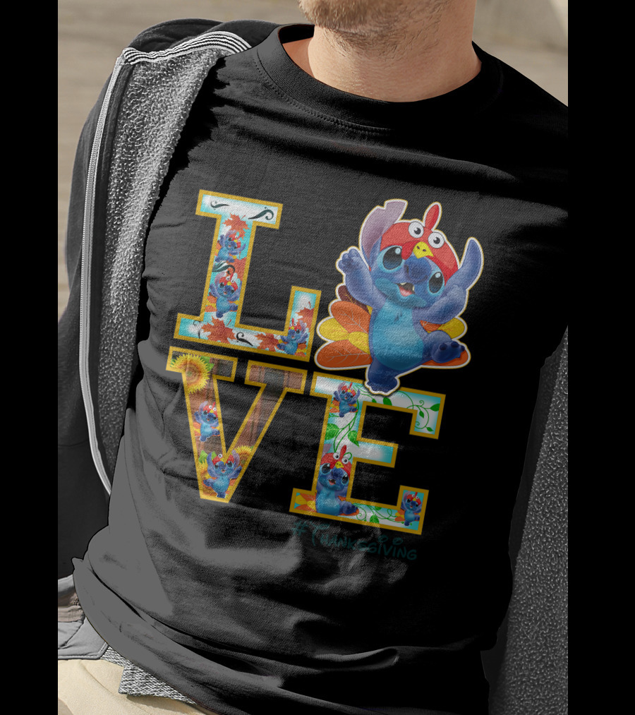 LOVE Stitch Happy Thanksgiving Turkey Costume Autumn Leaves T-Shirt