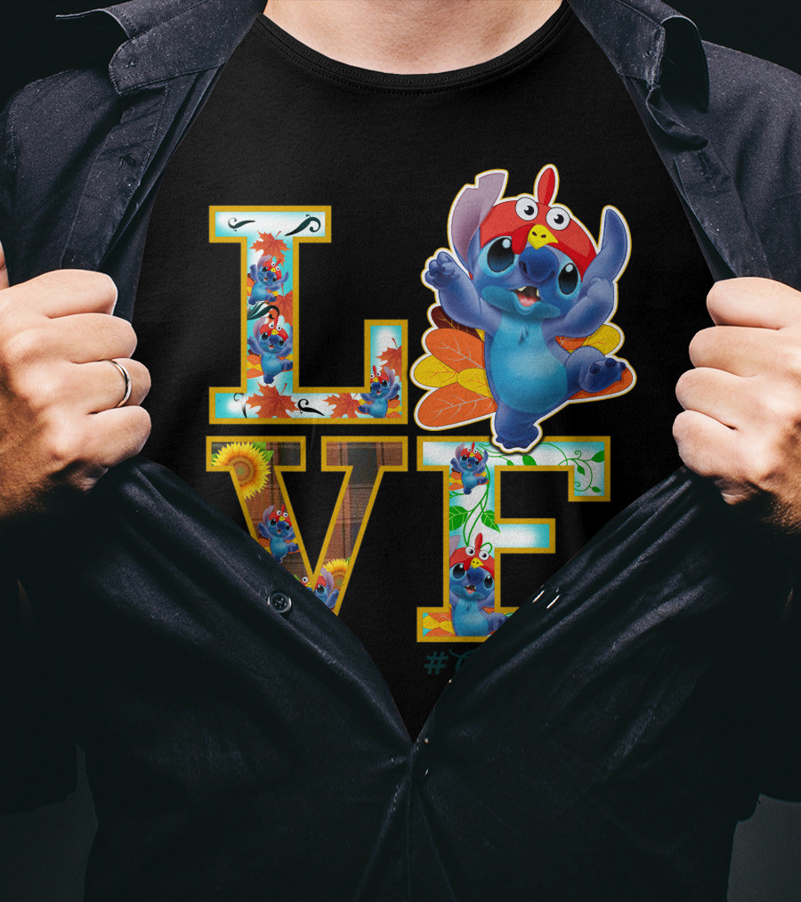 LOVE Stitch Happy Thanksgiving Turkey Costume Autumn Leaves T-Shirt