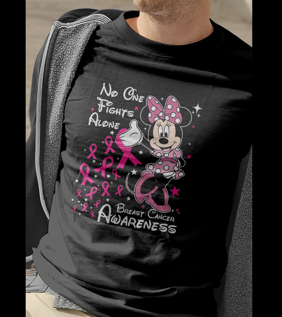 No One Fights Alone Breast Cancer Awareness Minnie Mouse Pink T-Shirt