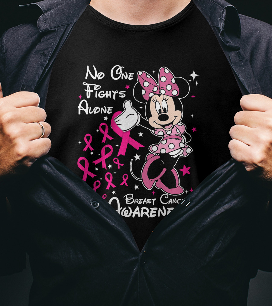 No One Fights Alone Breast Cancer Awareness Minnie Mouse Pink T-Shirt