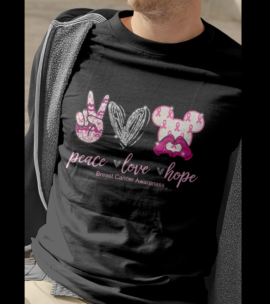 Peace Love Hope Breast Cancer Awareness Pink Ribbon Mickey T-Shirt