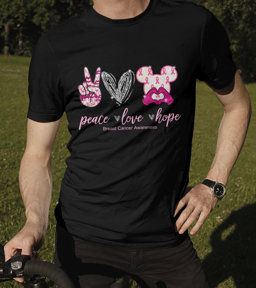 Peace Love Hope Breast Cancer Awareness Pink Ribbon Mickey T-Shirt