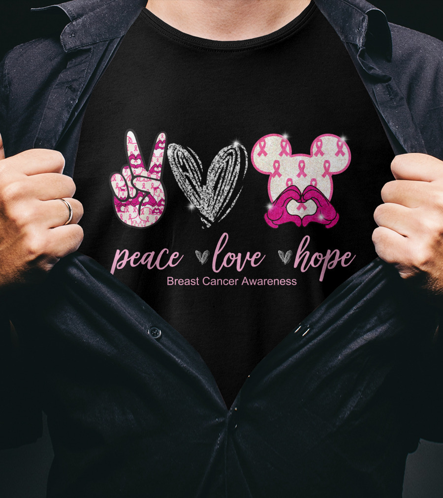 Peace Love Hope Breast Cancer Awareness Pink Ribbon Mickey T-Shirt