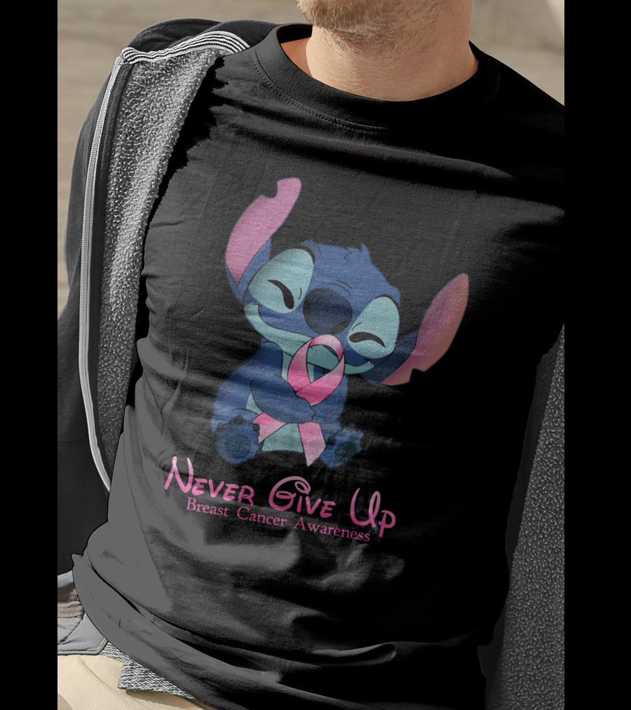 Never Give Up Breast Cancer Awareness Stitch Embrace T-Shirt