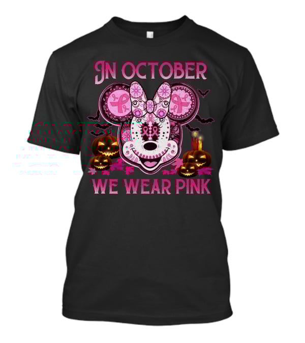 In October We Wear Pink Minnie Mouse Breast Cancer Awareness Halloween T-Shirt