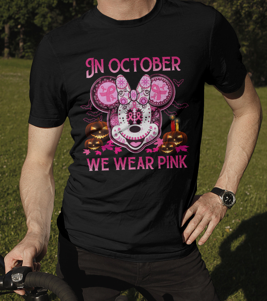 In October We Wear Pink Minnie Mouse Breast Cancer Awareness Halloween T-Shirt