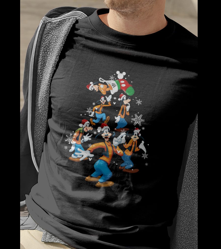 Disney Goofy Christmas Tree With Santa Hat And Snowflakes T-Shirt