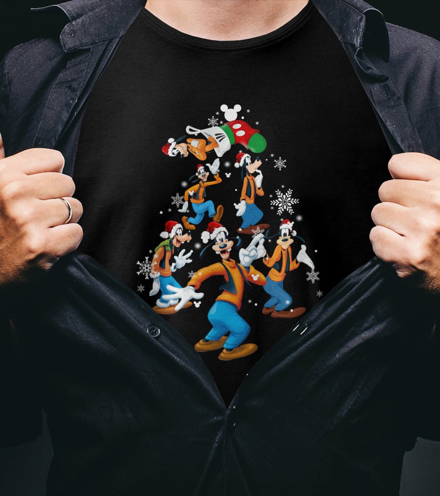 Disney Goofy Christmas Tree With Santa Hat And Snowflakes T-Shirt