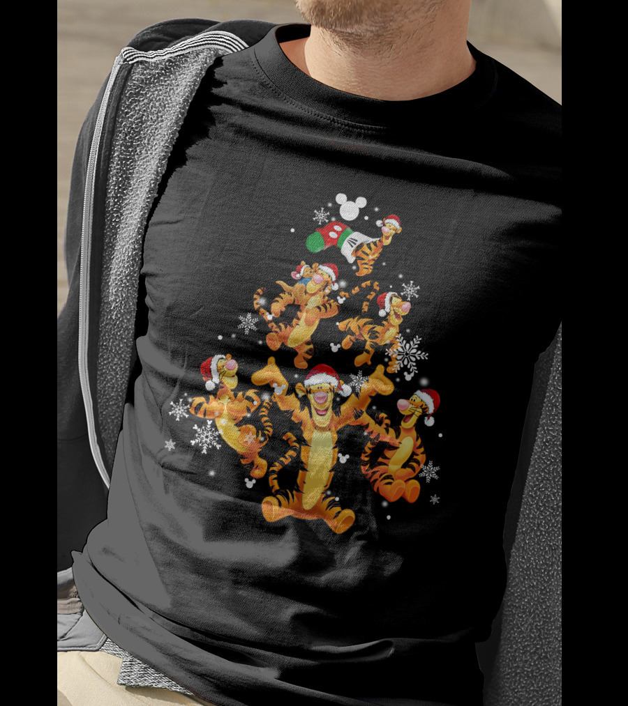 Tigger Christmas Tree Snowflakes Santa Hats Disney Mickey Icons T-Shirt