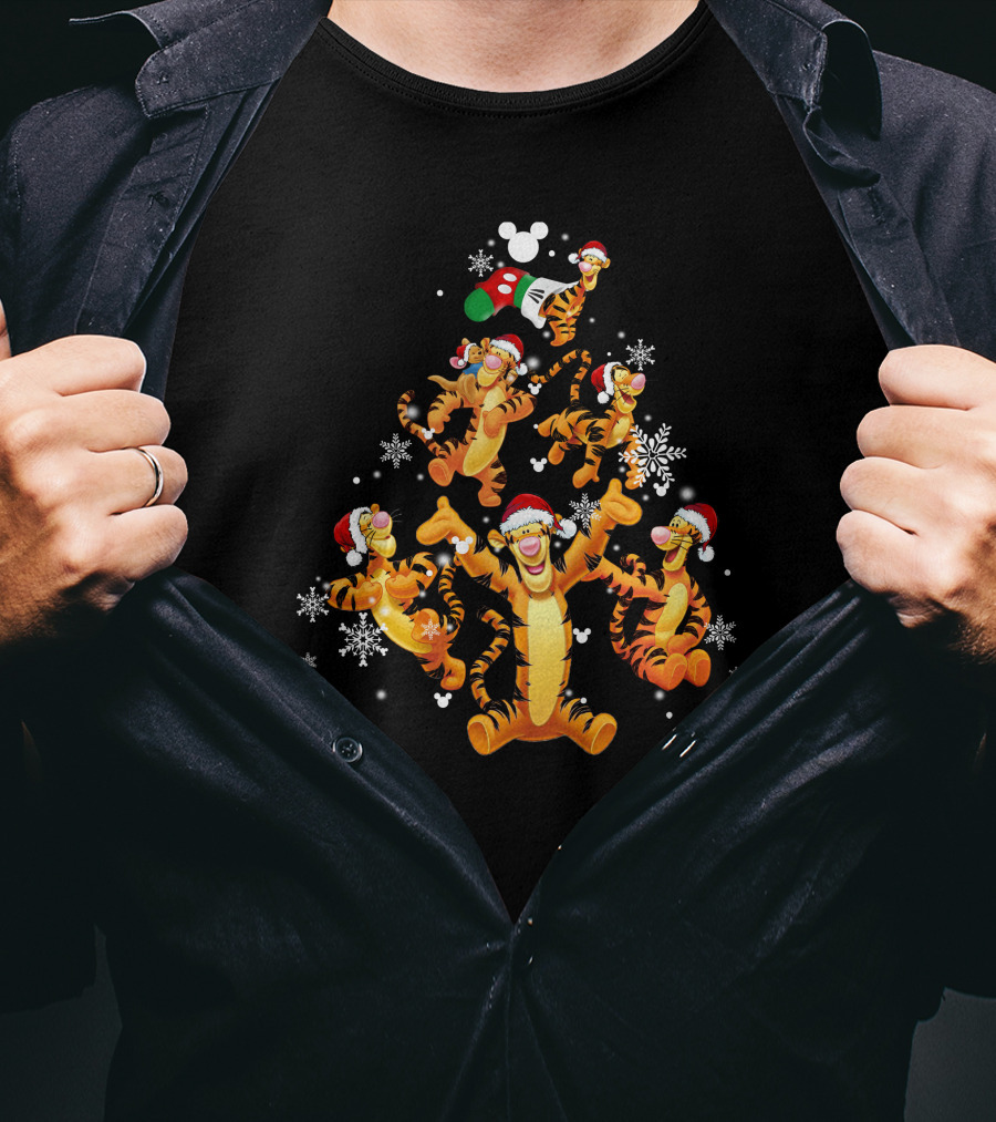 Tigger Christmas Tree Snowflakes Santa Hats Disney Mickey Icons T-Shirt