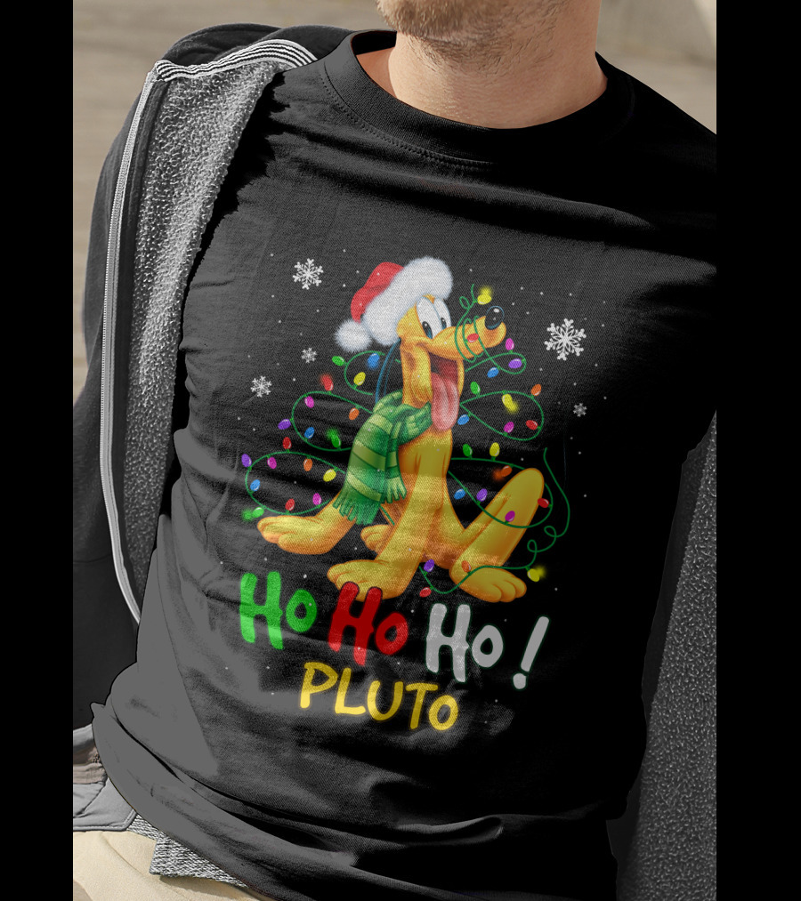 Ho Ho Ho Pluto Christmas Lights Santa Hat Snowflakes Scarf T-Shirt
