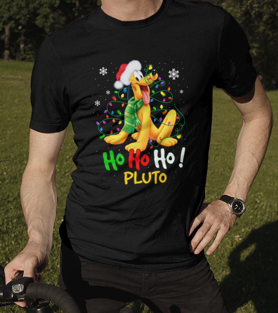Ho Ho Ho Pluto Christmas Lights Santa Hat Snowflakes Scarf T-Shirt