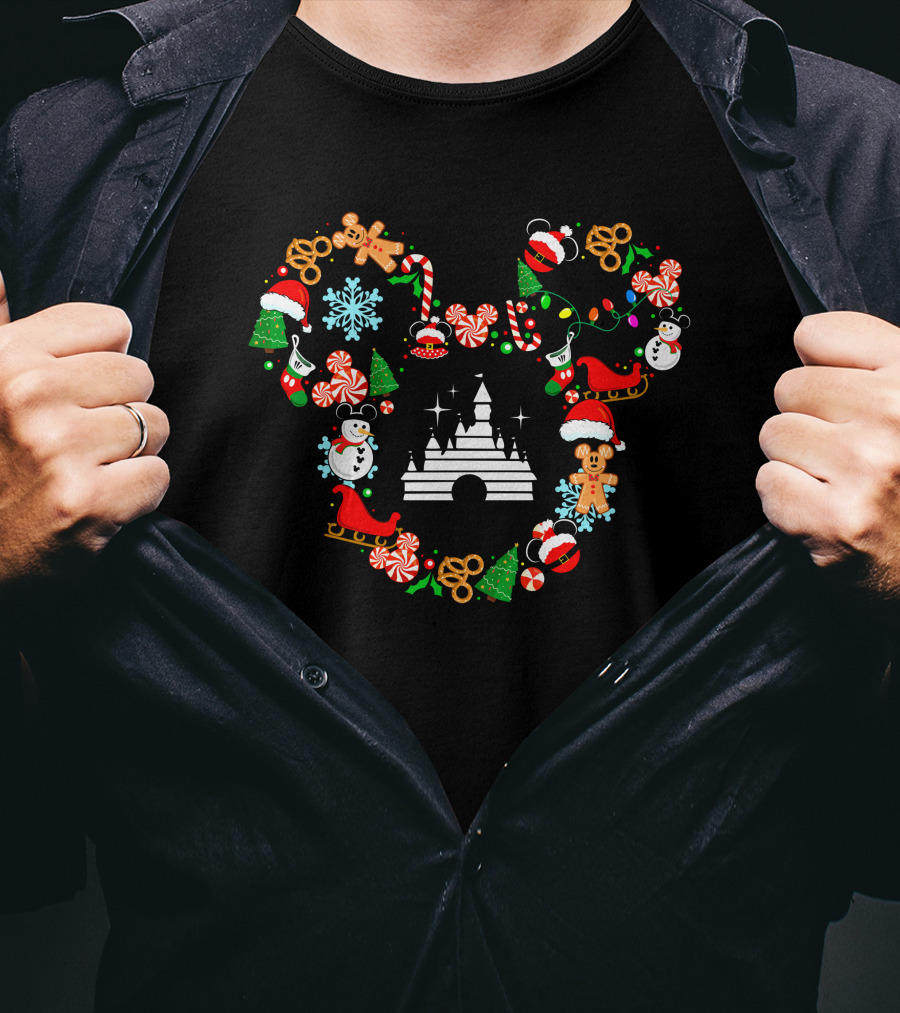 Disney Christmas Castle Mickey Head Holiday Icons T-Shirt