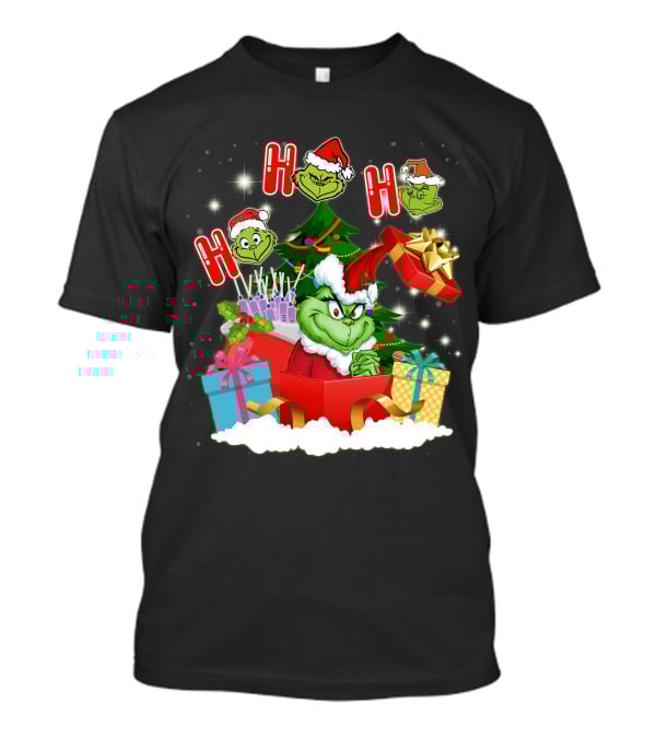 Grinch Christmas Ho Ho Ho Presents Tree Gifts Holiday Scene T-Shirt