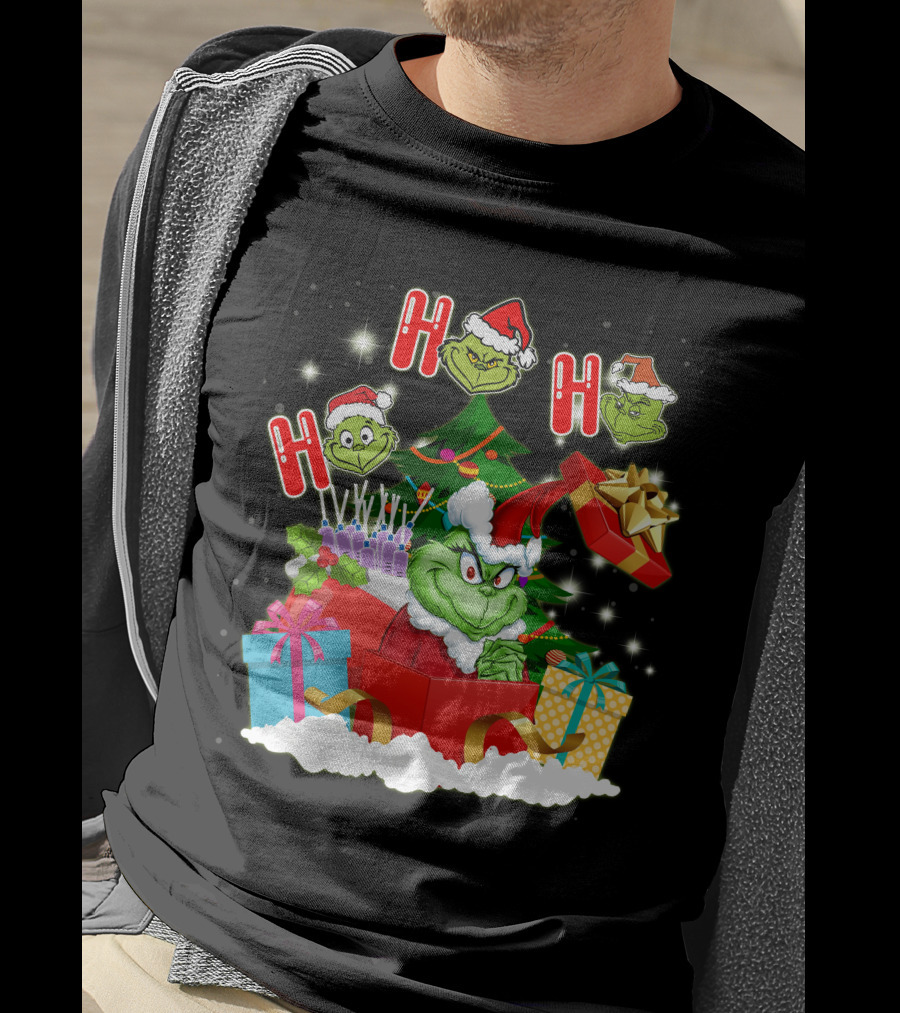 Grinch Christmas Ho Ho Ho Presents Tree Gifts Holiday Scene T-Shirt