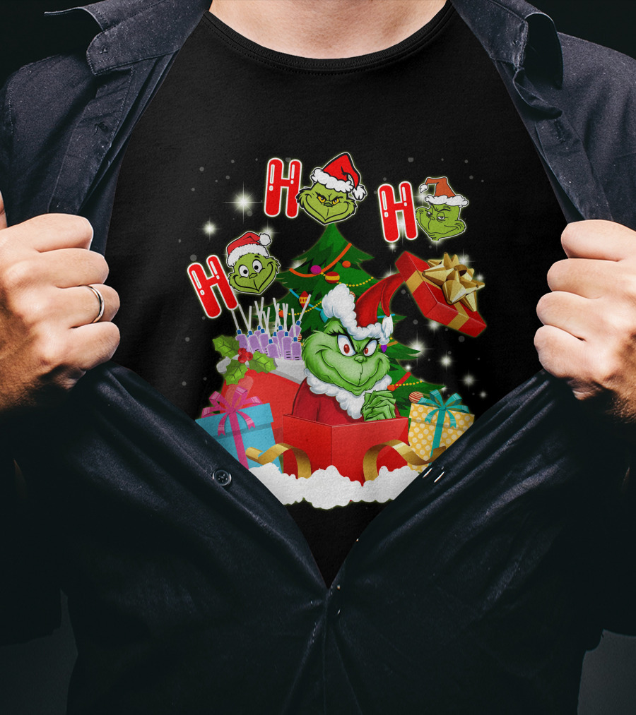 Grinch Christmas Ho Ho Ho Presents Tree Gifts Holiday Scene T-Shirt