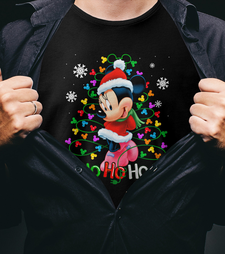MN HHH Christmas Ho Ho Ho Santa Mickey Mouse Snowflakes Lights T-Shirt