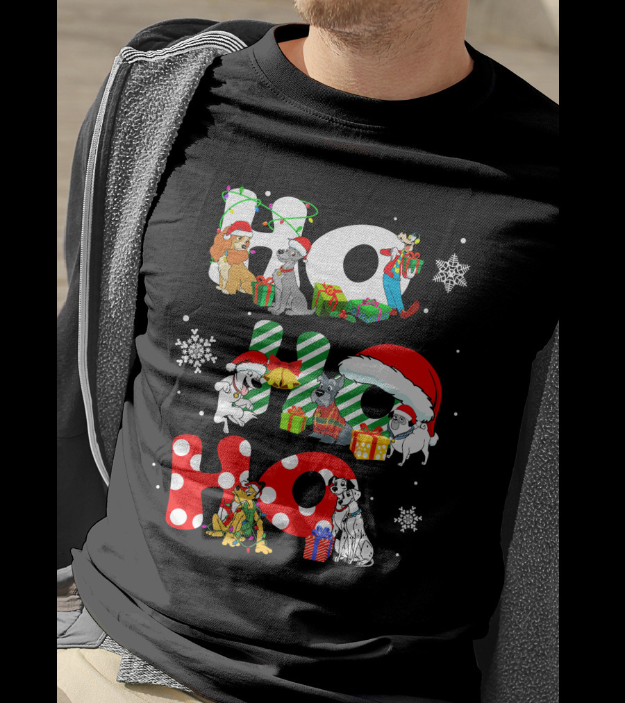 Ho Ho Ho Christmas Dogs And Snowflakes T-Shirt