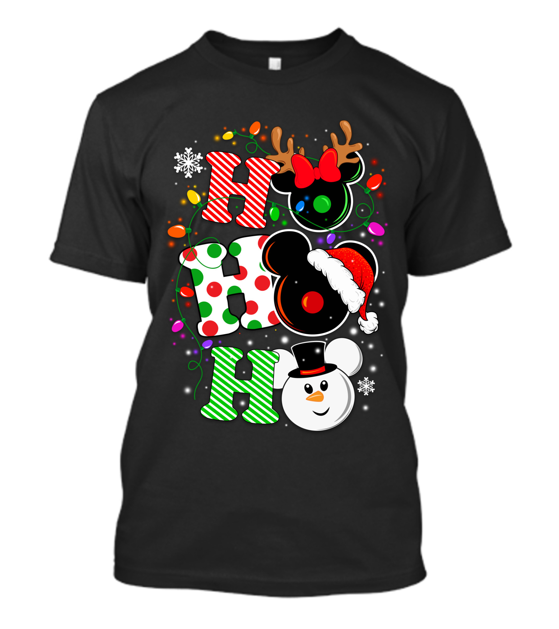 HHH Christmas Ho Ho Ho Disney Snowman Reindeer Ears Santa Hat Lights Bow T-Shirt