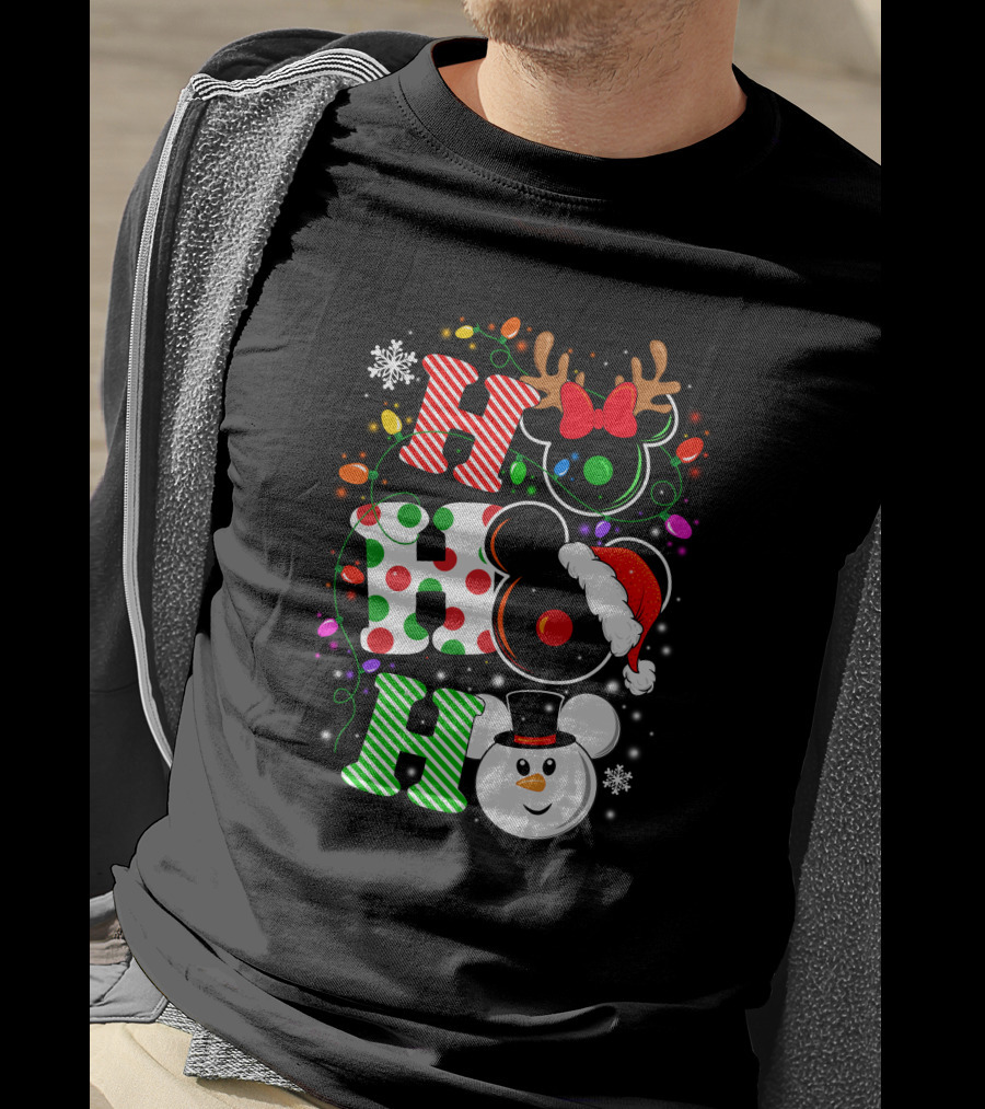 HHH Christmas Ho Ho Ho Disney Snowman Reindeer Ears Santa Hat Lights Bow T-Shirt