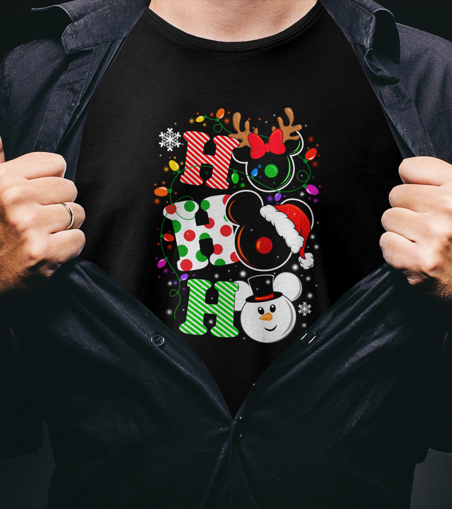 HHH Christmas Ho Ho Ho Disney Snowman Reindeer Ears Santa Hat Lights Bow T-Shirt