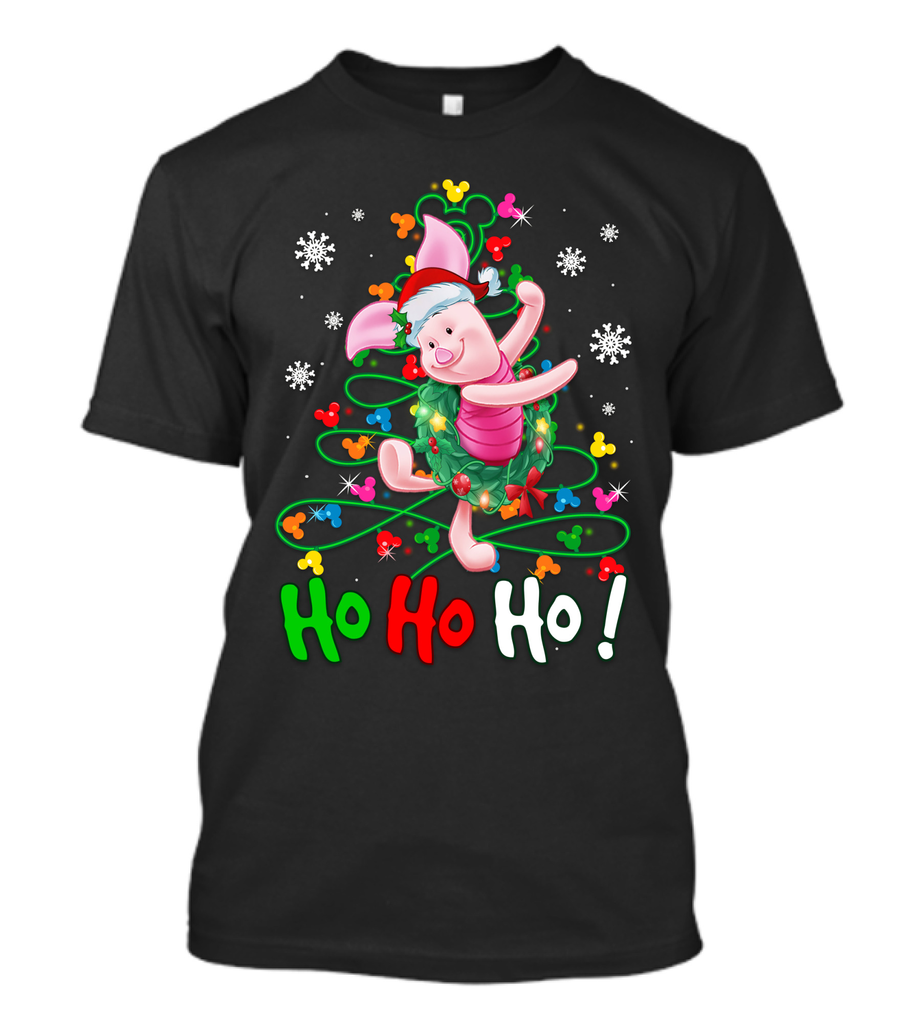 Ho Ho Ho Piglet Christmas Festive Wreath And Santa Hat T-Shirt