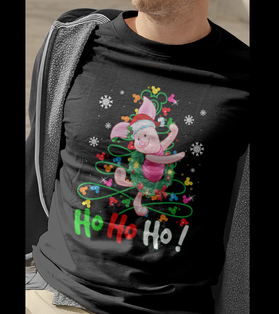 Ho Ho Ho Piglet Christmas Festive Wreath And Santa Hat T-Shirt