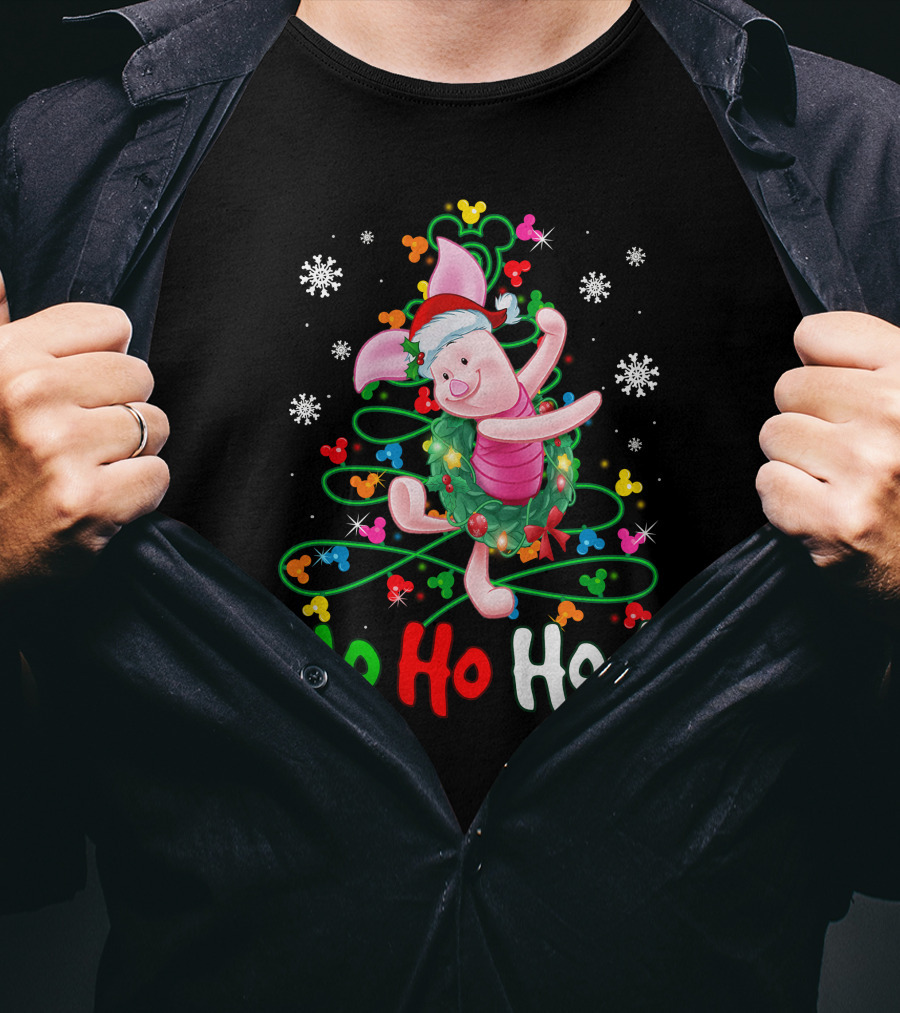 Ho Ho Ho Piglet Christmas Festive Wreath And Santa Hat T-Shirt