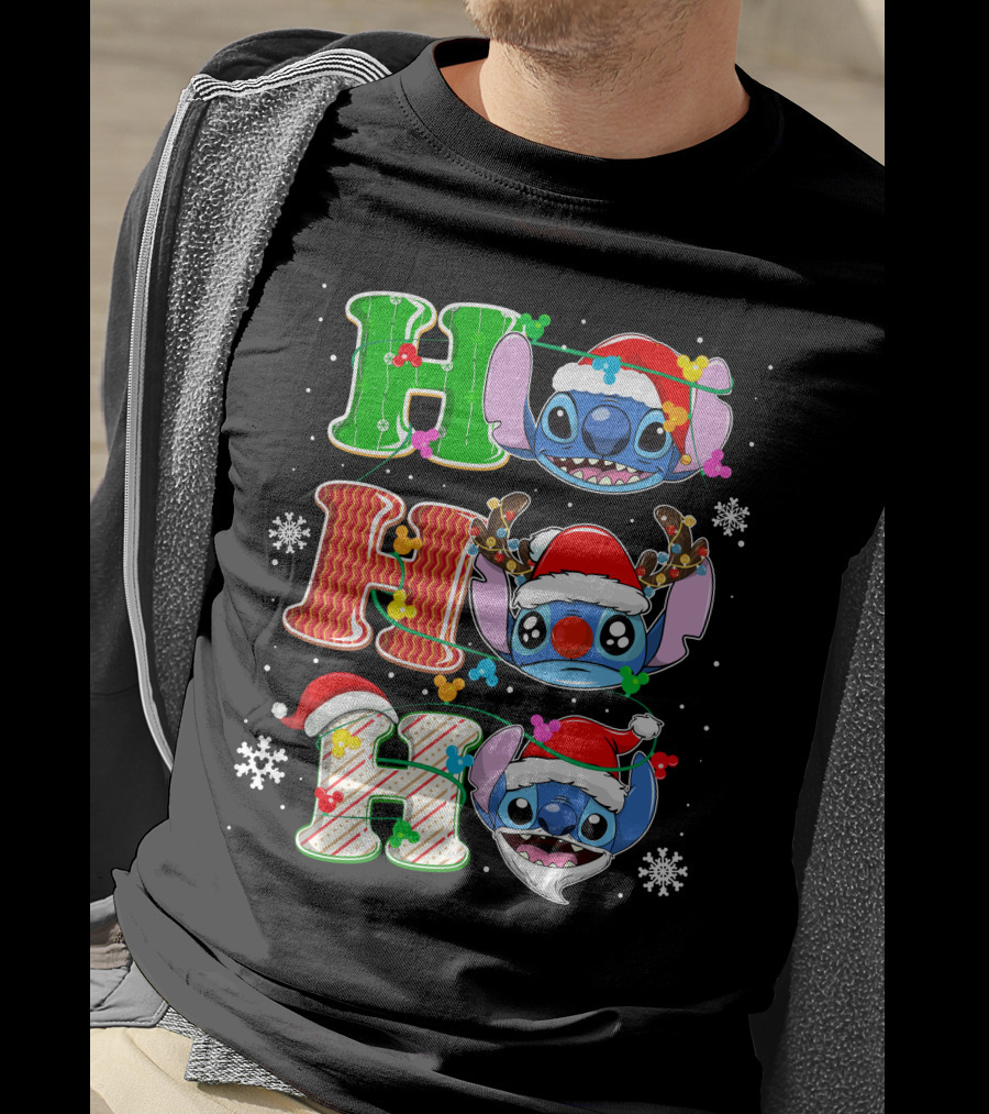 ST HHH Christmas Ho Ho Ho Stitch Holiday Sweater Santa Hat Snowflakes T-Shirt