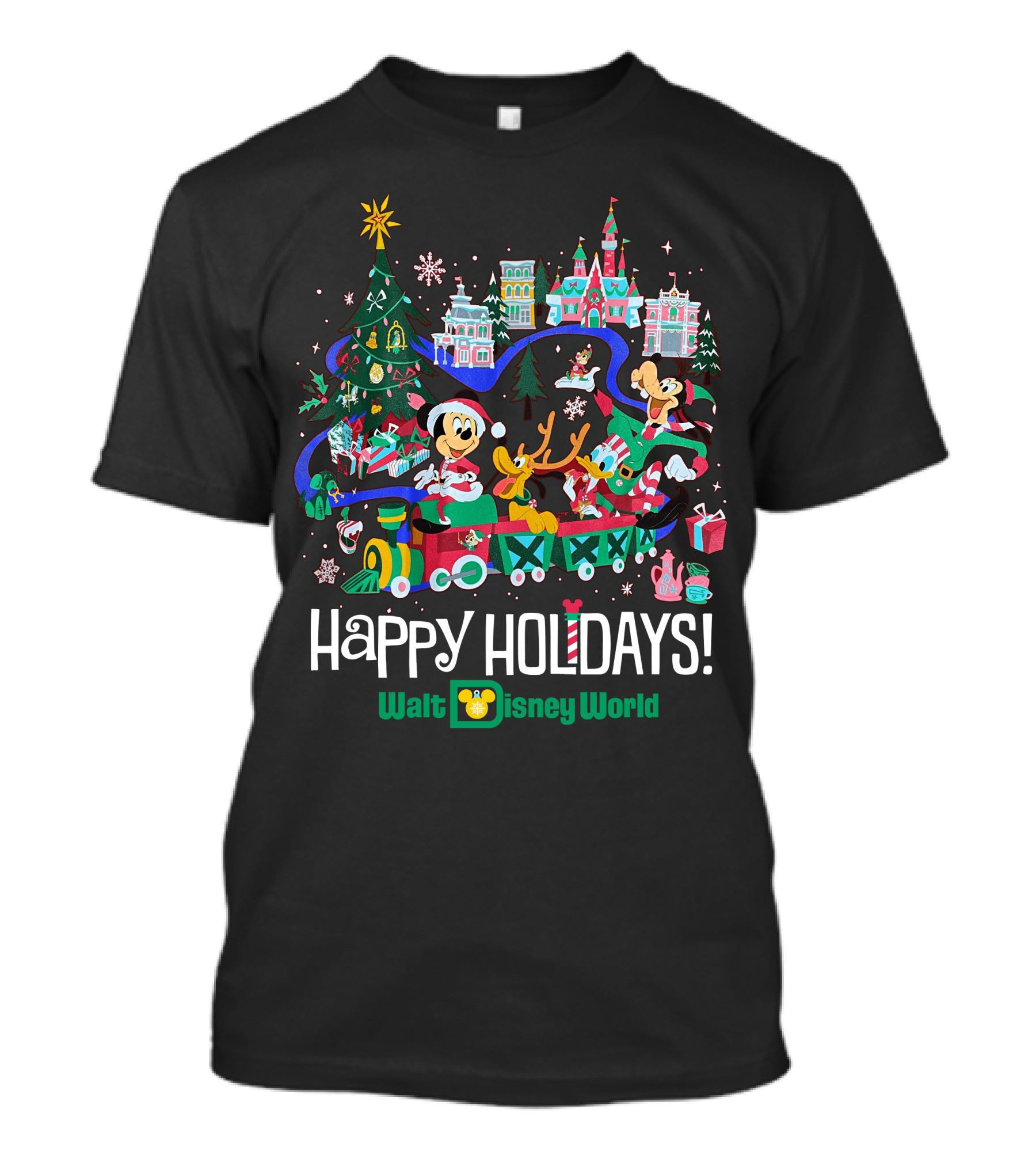Walt Disney World Happy Holidays Christmas Mickey And Friends Festive Scene T-Shirt