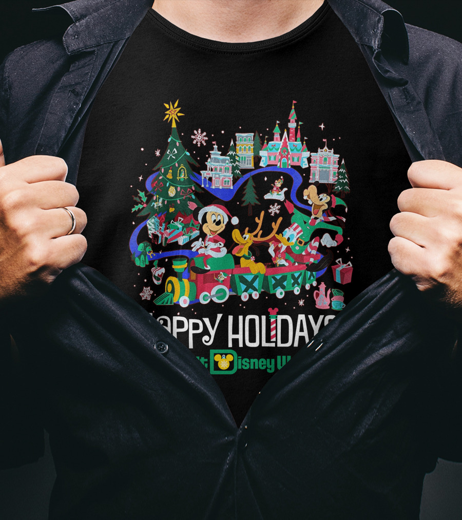 Walt Disney World Happy Holidays Christmas Mickey And Friends Festive Scene T-Shirt