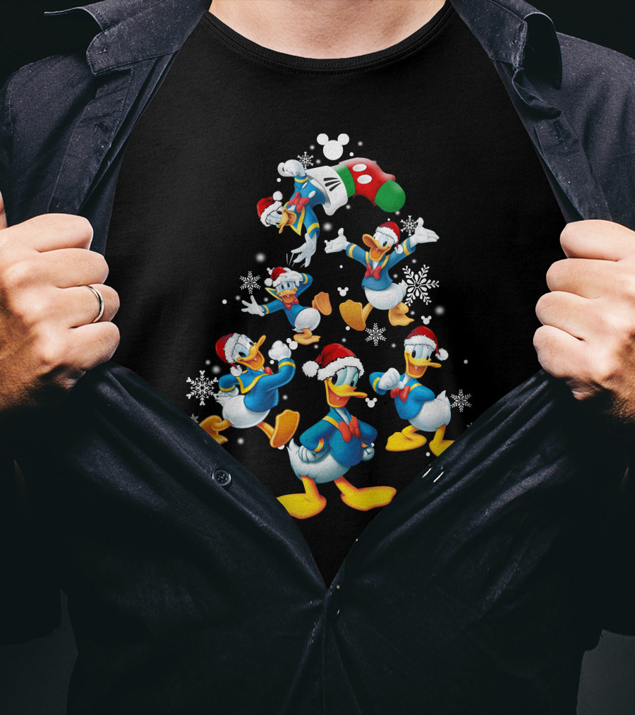 Donald Duck Christmas Tree Mickey Mouse Hat Snowflakes T-Shirt